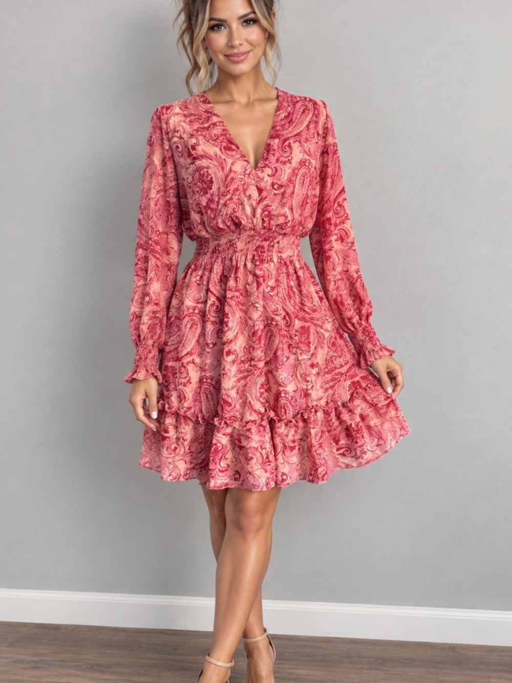 Prettywear Pink Paisley Boho Mini Dress V-Neck Long Sleeve Smocked Waist Large